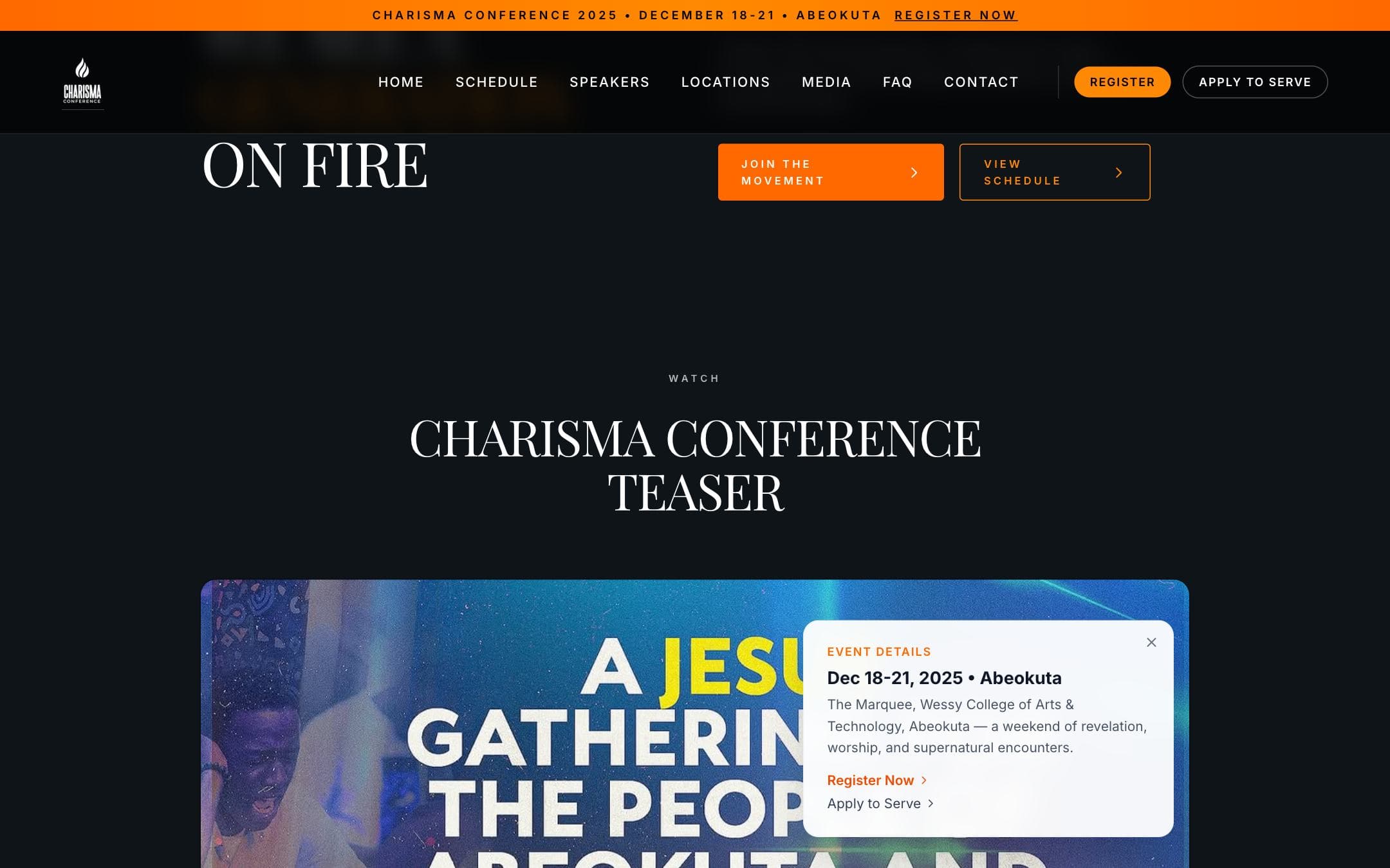 Charisma Conference website, further down the home page