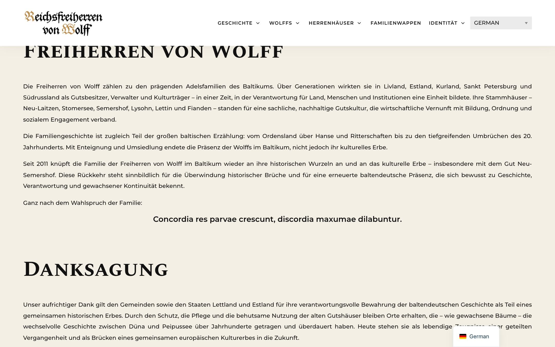 Freiherren von Wolff website, further down the home page