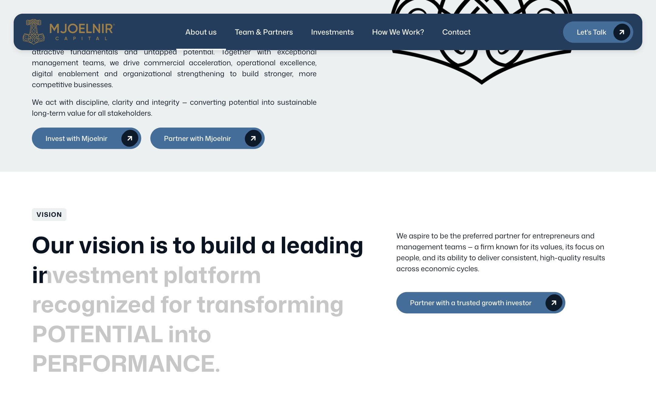 Mjoelnir Capital website, further down the home page