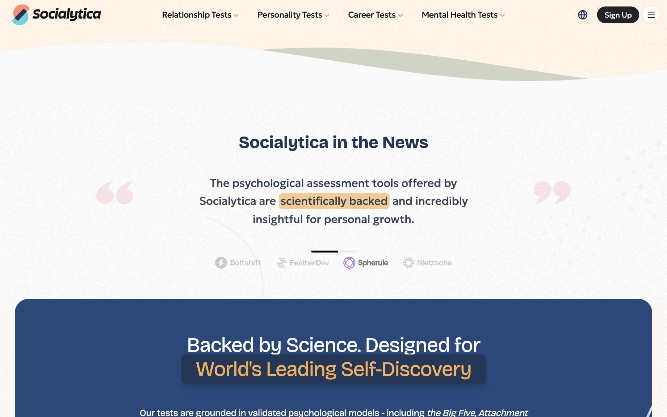 Socialytica website, further down the home page